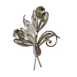 Vintage Sterling Silver Crystal Flower Prong Brooch Pin